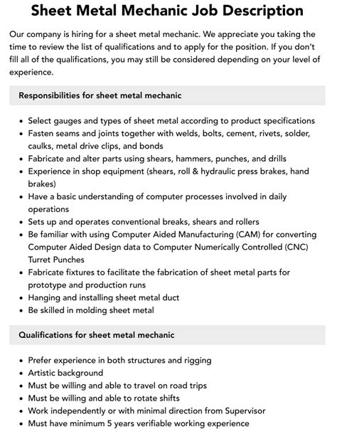 sheet metal mechanic pay|sheet metal mechanic job description.